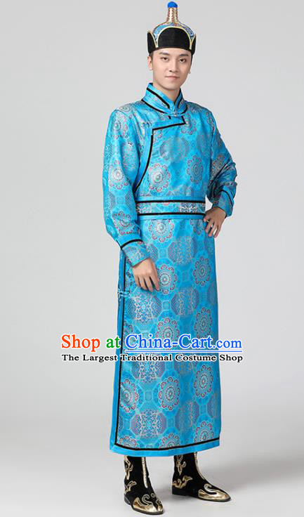 Chinese Minority Festival Clothing Mongol Nationality Folk Dance Blue Brocade Robe Mongolian Male Garment Ethnic Stage Performance Costume