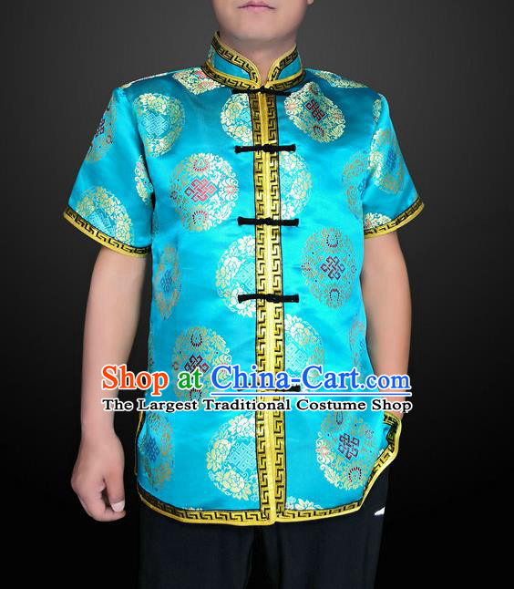 Chinese Mongol Nationality Folk Dance Blue Brocade Shirt Mongolian Male Upper Outer Garment Ethnic Costume Minority Performance Clothing