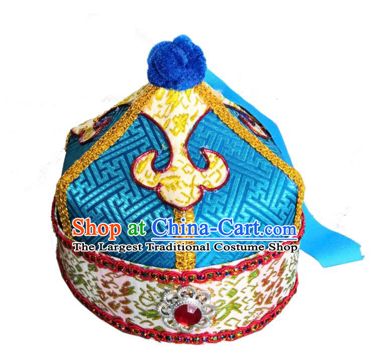 Chinese Mongolian Ethnic Dance Headpiece Mongol Nationality Prince Blue Hat Ethnic Boys Performance Headdress