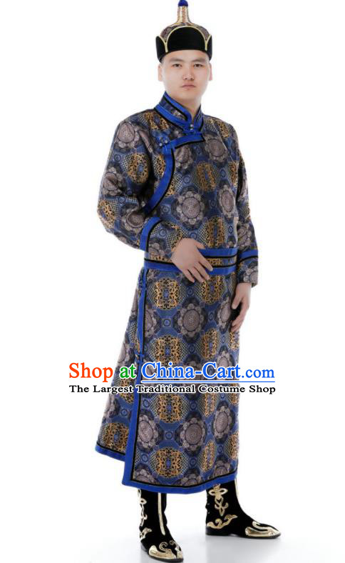 Chinese Mongolian Festival Male Garment Ethnic Folk Dance Costume Minority Performance Clothing Mongol Nationality Navy Brocade Robe