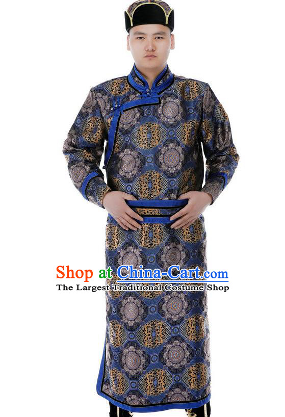 Chinese Mongolian Festival Male Garment Ethnic Folk Dance Costume Minority Performance Clothing Mongol Nationality Navy Brocade Robe