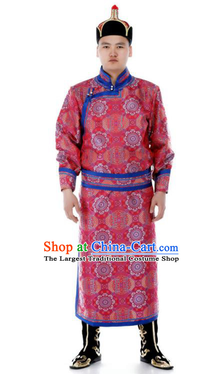 Chinese Mongol Nationality Red Brocade Robe Mongolian Festival Male Garment Ethnic Folk Dance Costume Minority Performance Clothing