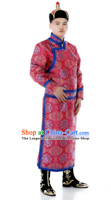 Chinese Mongol Nationality Red Brocade Robe Mongolian Festival Male Garment Ethnic Folk Dance Costume Minority Performance Clothing