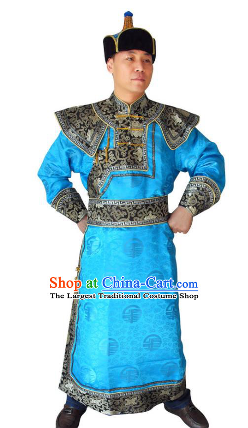 Chinese Minority Festival Performance Clothing Mongol Nationality Blue Brocade Robe Mongolian Male Folk Dance Garment Ethnic Wedding Costume