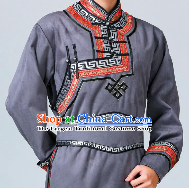 Chinese Mongolian Male Garment Costume Ethnic Minority Folk Dance Clothing Mongol Nationality Grey Suede Fabric Robe