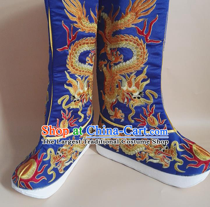 Chinese Ancient Emperor Shoes Beijing Opera King Shoes Handmade Imperial Royalblue Satin Boots Sichuan Opera Embroidered Dragon Shoes