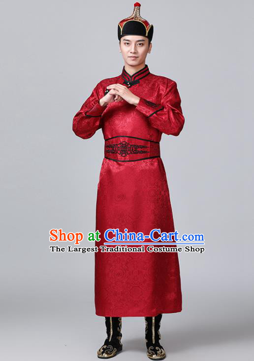 Chinese Mongol Nationality Red Robe Mongolian Male Garment Ethnic Wedding Costume Minority Folk Dance Clothing