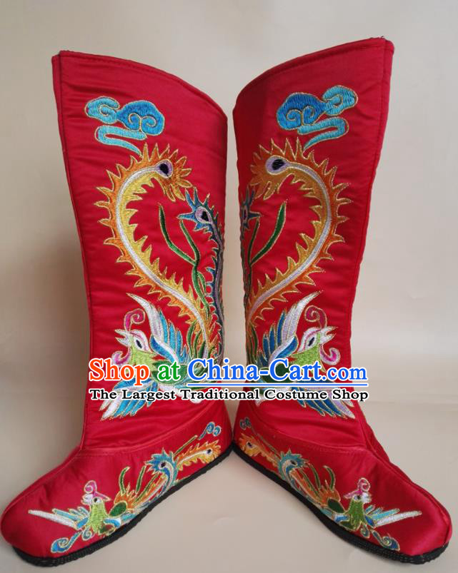 Chinese Ancient Swordswoman Shoes Beijing Opera Female General Shoes Embroidered Phoenix Red Satin Boots Peking Opera Shoes