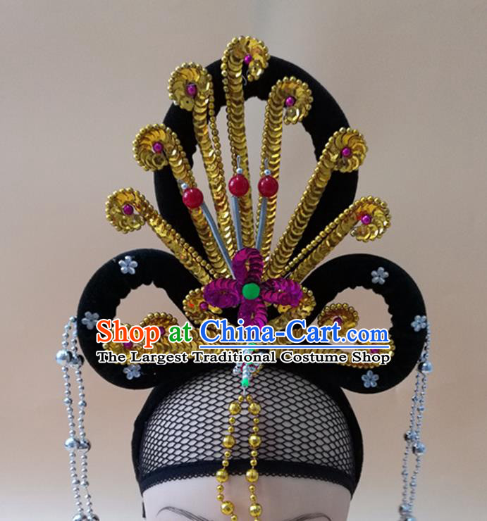 Chinese Beijing Opera Hua Tan Wigs Chignon Headdress Peking Opera Diva Golden Phoenix Hair Accessories Ancient Fairy Headpieces