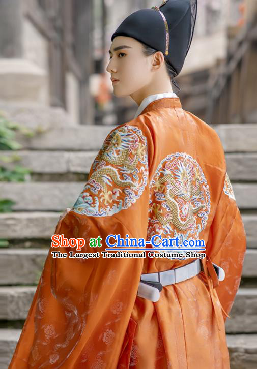China Traditional Ming Dynasty Wedding Clothing Orange Imperial Robe Ancient Emperor Garment Costume for Men