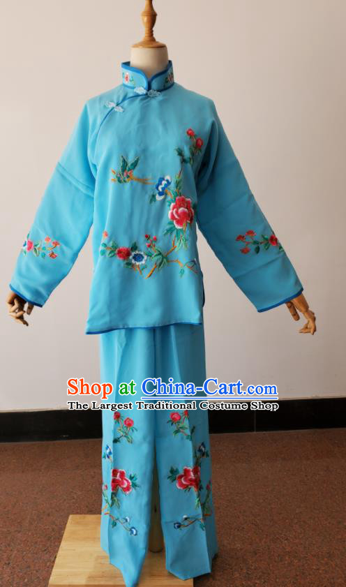 China Peking Opera Country Woman Dress Beijing Opera Xiaodan Costumes Huangmei Opera Maid Lady Light Blue Uniforms Ancient Village Girl Clothing