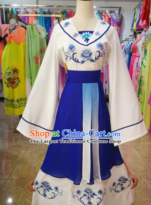 China Beijing Opera Civilian Woman Costume Shaoxing Opera Actress Uniforms Ancient Village Lady Clothing Peking Opera Maidservant Blue Dress