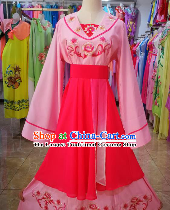 China Beijing Opera Village Lady Costume Shaoxing Opera Actress Uniforms Ancient Civilian Woman Clothing Peking Opera Maidservant Pink Dress