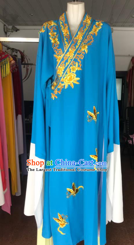 Chinese Beijing Opera Niche Butterfly Love Clothing Ancient Scholar Garment Costume Peking Opera Xiaosheng Embroidered Blue Robe