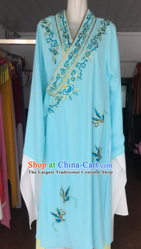 Chinese Ancient Young Male Garment Costume Peking Opera Liang Shanbo Embroidered Light Blue Robe Beijing Opera Xiaosheng Butterfly Love Clothing