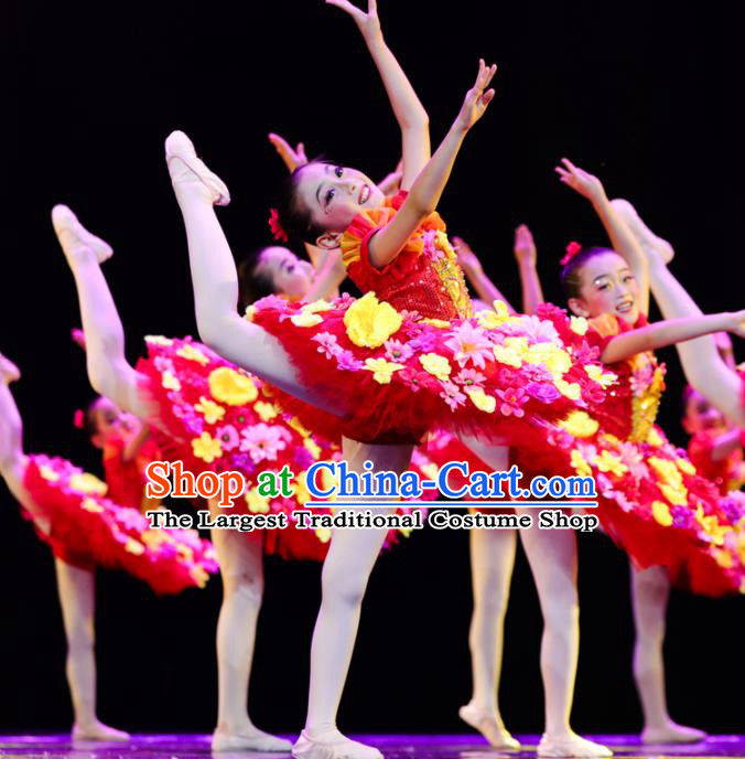 Professional Girl Modern Dance Clothing Chorus Group Fashion Stage Performance Red Dress Flower Dance Costume