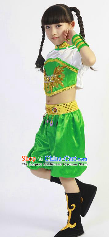 Chinese Children Yangko Dance Green Uniforms Folk Dance Costumes Fan Dance Dress New Year Yangge Dance Clothing