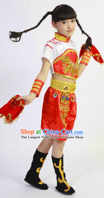 Chinese New Year Yangge Dance Clothing Children Yangko Dance Red Uniforms Folk Dance Costumes Fan Dance Dress