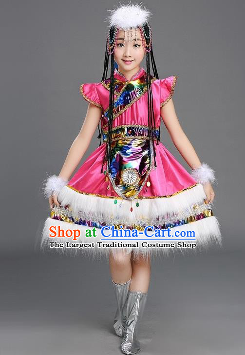 Chinese Tibetan Minority Performance Rosy Dress Zang Nationality Girls Clothing Ethnic Children Folk Dance Garments