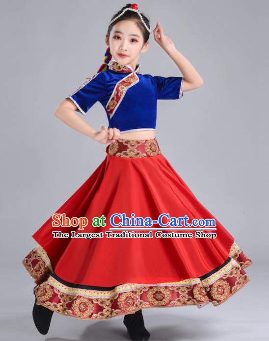 Chinese Zang Nationality Folk Dance Clothing Ethnic Children Stage Performance Garments Tibetan Minority Girl Red Dress and Hair Accessories