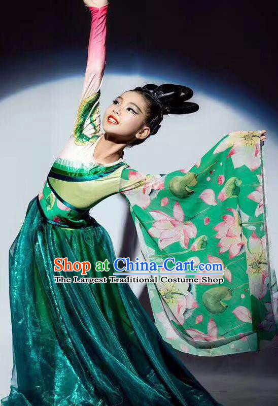 China Children Classical Dance Costumes Girl Stage Performance Dancewear Court Dance Clothing Lotus Dance Green Dress