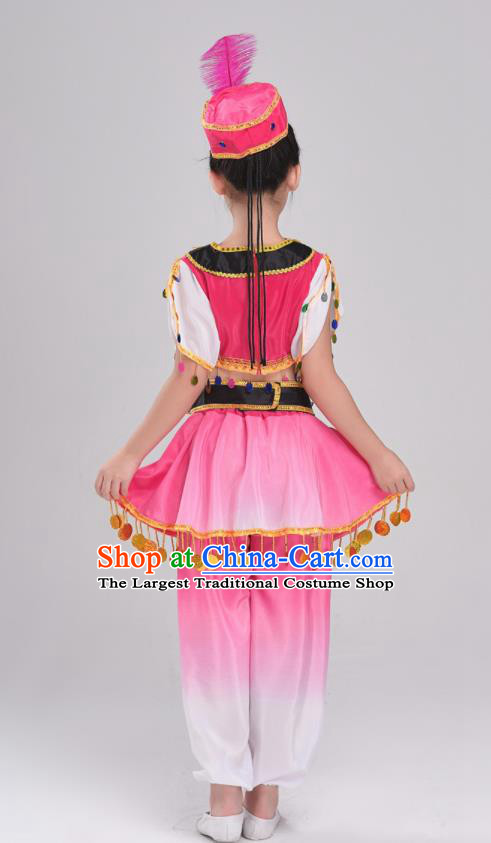 Chinese Xinjiang Ethnic Children Stage Performance Garments Uyghur Minority Girl Pink Outfits Uighur Nationality Folk Dance Clothing