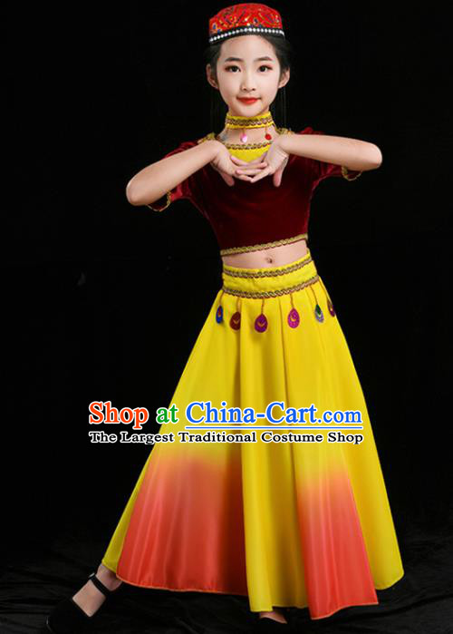 Chinese Uighur Nationality Folk Dance Clothing Xinjiang Ethnic Children Stage Performance Garments Uyghur Minority Girl Red Outfits