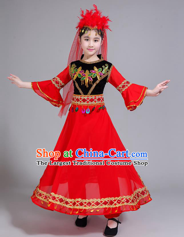 Chinese Xinjiang Ethnic Children Performance Garments Uighur Minority Girl Red Dress Outfits Uyghur Nationality Folk Dance Clothing