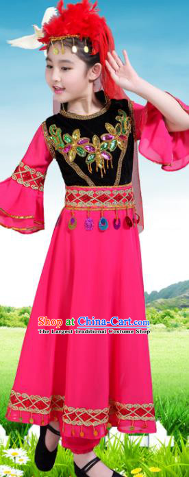 Chinese Uyghur Nationality Folk Dance Clothing Xinjiang Ethnic Children Performance Garments Uighur Minority Girl Rosy Dress Outfits