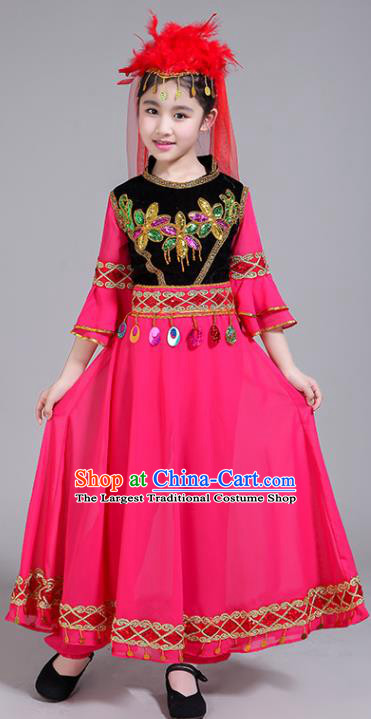 Chinese Uyghur Nationality Folk Dance Clothing Xinjiang Ethnic Children Performance Garments Uighur Minority Girl Rosy Dress Outfits