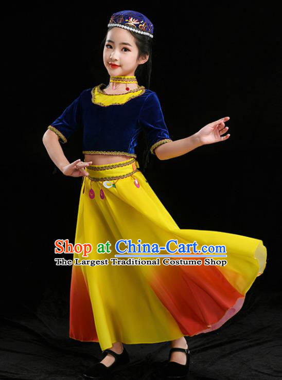 Chinese Uyghur Minority Girl Blue Velvet Outfits Uighur Nationality Folk Dance Clothing Xinjiang Ethnic Children Stage Performance Garments