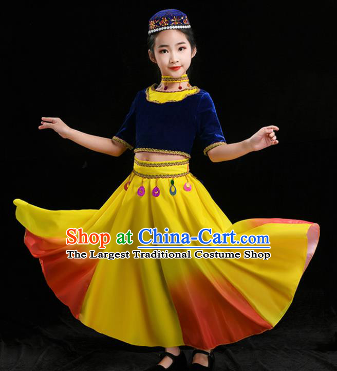 Chinese Uyghur Minority Girl Blue Velvet Outfits Uighur Nationality Folk Dance Clothing Xinjiang Ethnic Children Stage Performance Garments