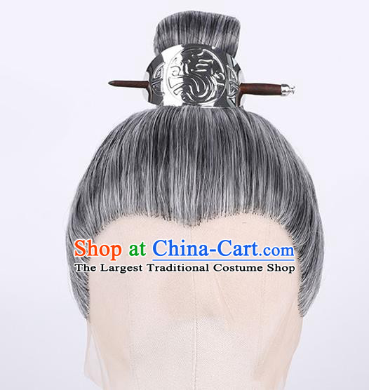 Chinese Handmade Tang Dynasty Milord Grey Front Lace Wigs Traditional Cosplay Official Headdress Ancient Elderly Male Hairpieces