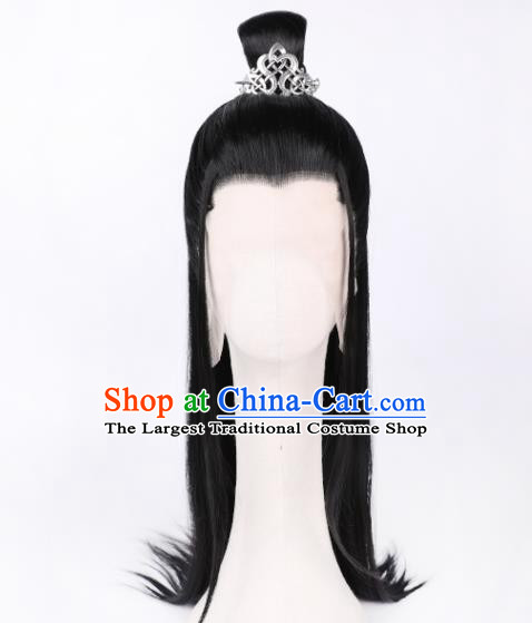 Chinese Traditional Cosplay Swordsman Headdress Ancient Young Childe Hairpieces Handmade Jin Dynasty Prince Black Front Lace Wigs