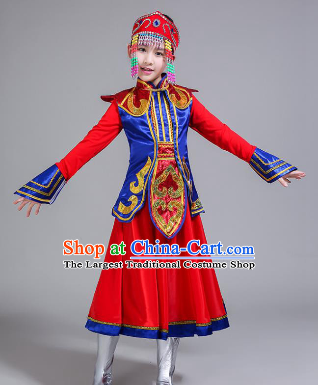Chinese Mongolian Minority Girl Red Dress Outfits Mongol Nationality Folk Dance Clothing Ethnic Children Stage Performance Garments