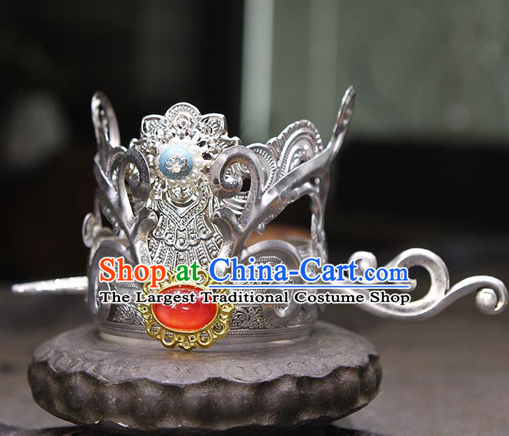 Chinese Ancient Swordsman Headpieces Handmade Ming Dynasty Prince Hair Accessories Traditional Cosplay Knight Argent Hairdo Crown and Hairpin