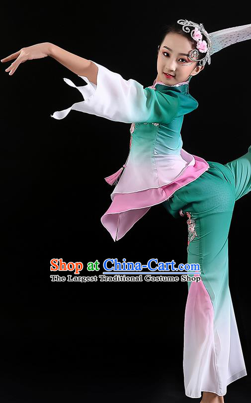 Chinese Children Dance Performance Green Uniforms Folk Dance Outfits Fan Dance Costumes Yangko Dance Clothing