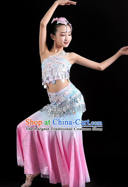 Chinese Ethnic Folk Dance Fashion Yunnan Minority Peacock Dance Pink Dress Uniforms Dai Nationality Children Performance Clothing