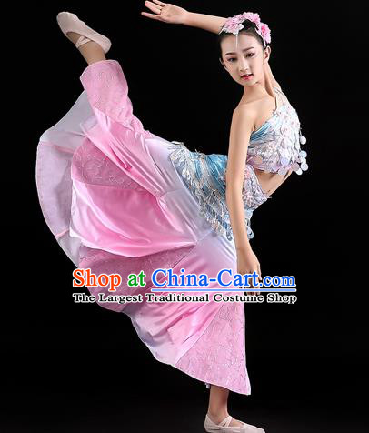 Chinese Ethnic Folk Dance Fashion Yunnan Minority Peacock Dance Pink Dress Uniforms Dai Nationality Children Performance Clothing