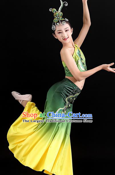 Chinese Dai Nationality Children Pavane Clothing Ethnic Folk Dance Garments Yunnan Minority Peacock Dance Green Dress Uniforms