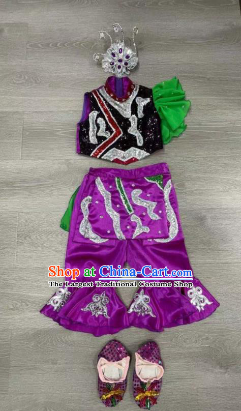 Chinese Yangko Dance Clothing Children Yangge Performance Purple Uniforms Folk Dance Outfits Girl Fan Dance Costumes