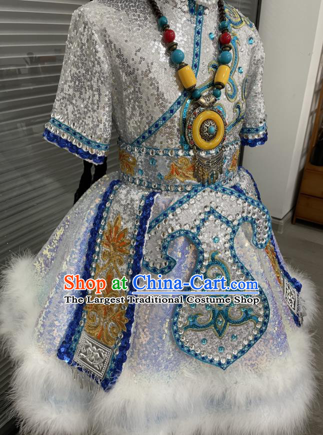 Chinese Tibetan Nationality Girl Festival Clothing Ethnic Children Folk Dance Garments Zang Minority Dance Blue Dress Uniforms