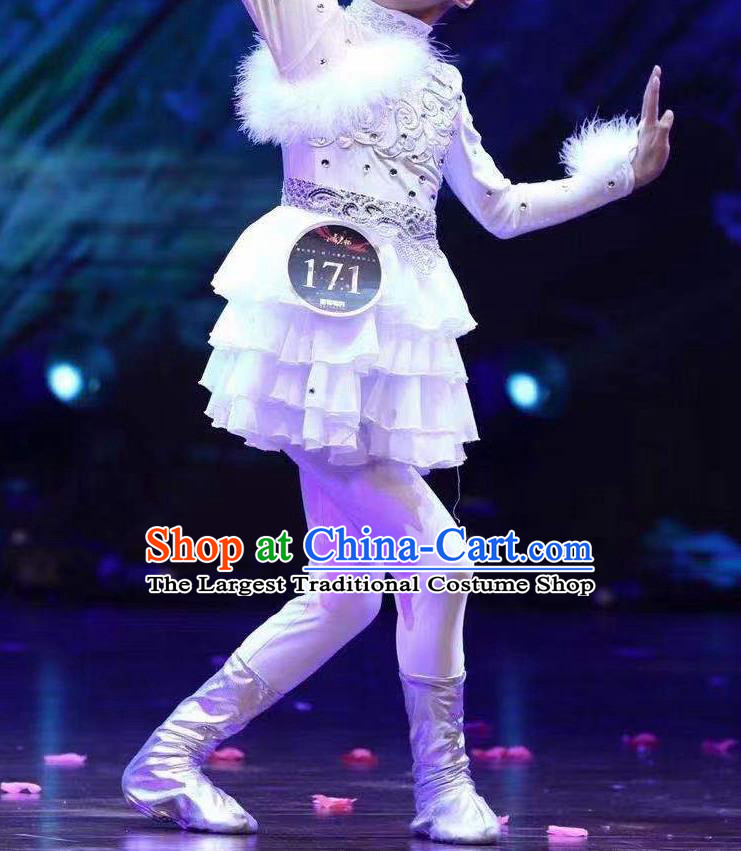 Professional Catwalks White Dress Swan Dance Clothing Girl Stage Performance Garment Children Modern Dance Fashion