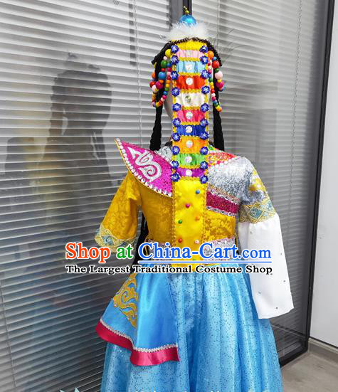Chinese Zang Minority Dance Dress Uniforms Tibetan Nationality Girl Performance Clothing Ethnic Children Folk Dance Garments