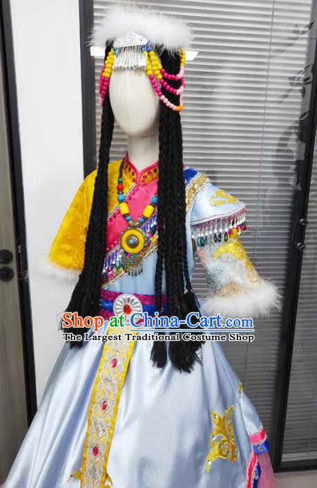 Chinese Ethnic Children Folk Dance Garments Zang Minority Performance Pink Dress Uniforms Tibetan Nationality Girl Clothing