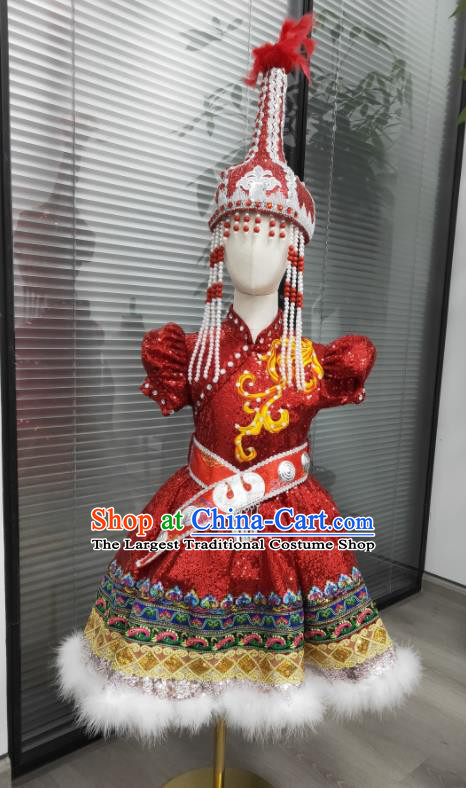 Chinese Mongolian Nationality Girl Clothing Ethnic Children Folk Dance Garments Mongol Minority Performance Red Dress Uniforms and Headdress