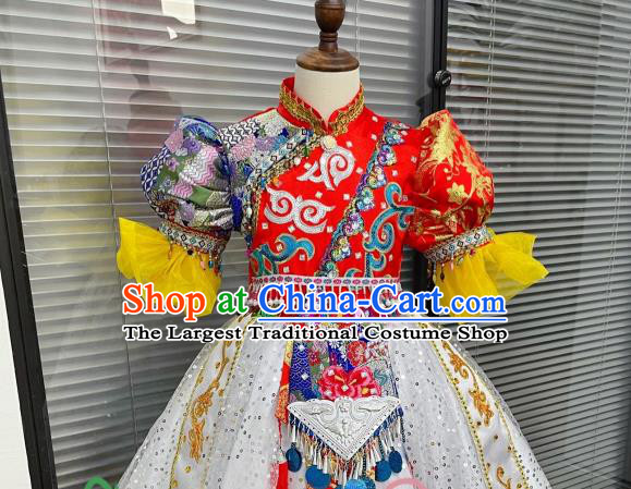 Chinese Ethnic Children Folk Dance Garments Yunnan Minority Dance Dress Uniforms Pumi Nationality Girl Performance Clothing