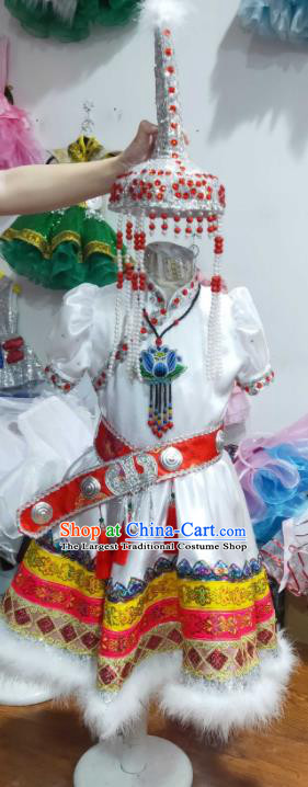 Chinese Ethnic Children Folk Dance Garments Mongol Minority Performance White Dress Uniforms Mongolian Nationality Girl Clothing and Hat