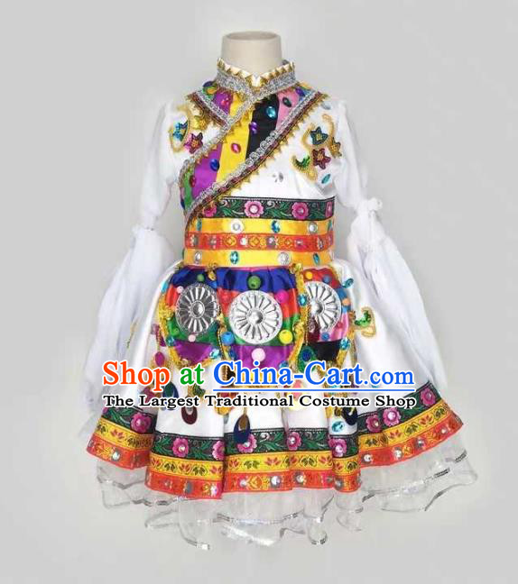 Chinese Ethnic Children Folk Dance Garments Zang Minority Performance White Dress Tibetan Nationality Girl Clothing and Hair Accessories