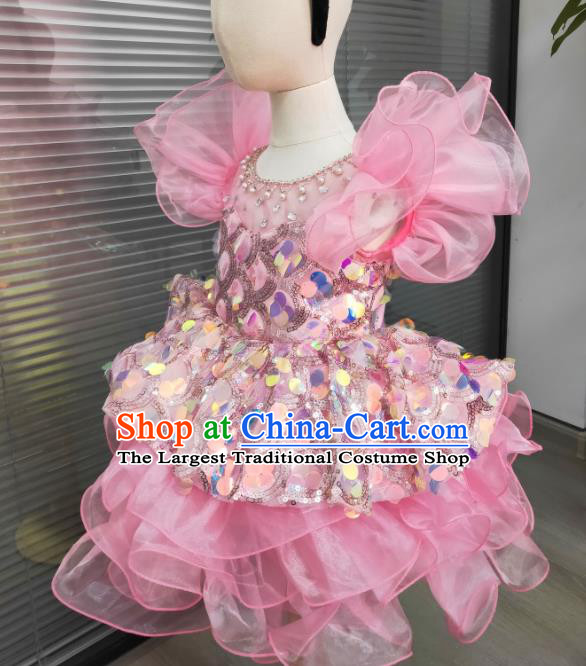 Professional Compere Pink Bubble Dress Girl Catwalks Clothing Stage Performance Garment Children Modern Dance Fashion